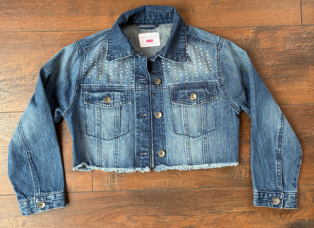 Children's Place Girls Jean Jacket Cropped Raw Edge Hem Studded, Size M 7/8